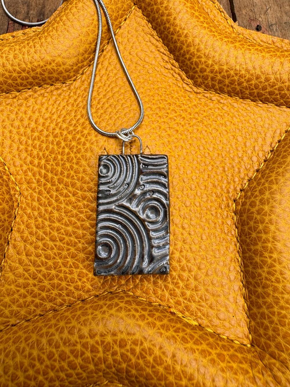 Kiln Fired Mirror Circle Pendant Necklace Handcrafted Ceramic Blue Gray Necklace